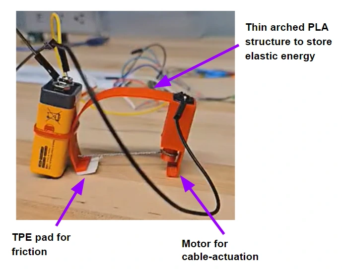 Annotated spring-driven worm prototype with a PLA arch, motor, battery, and TPE contact pad