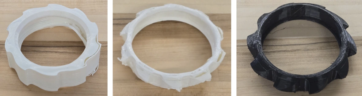 Three flexible tread prints showing successive fabrication iterations